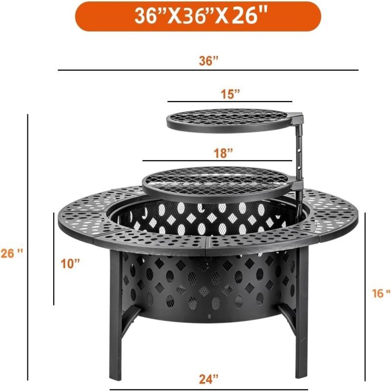 36 Inch Fire Pit with 2 Grill